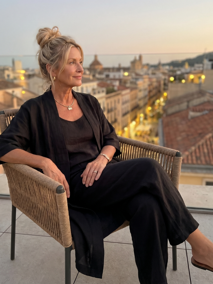 Modern women's three-piece loungewear set, including a top and wide-leg pants.