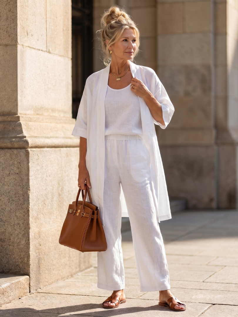 Women's coordinated three-piece outfit: relaxed top, wide-leg pants, ultimate comfort.
