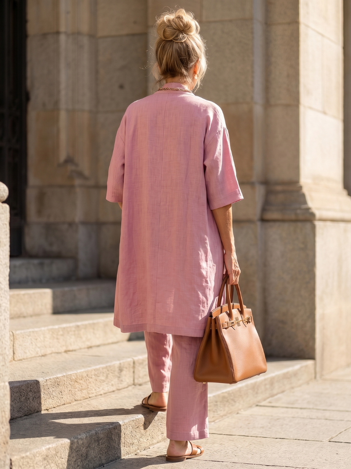 Relaxed fit women's three-piece loungewear set with top and wide-leg pants.