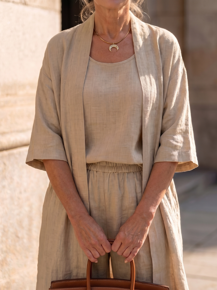 Matching women's pant set, a three-piece coordinated loungewear ensemble.
