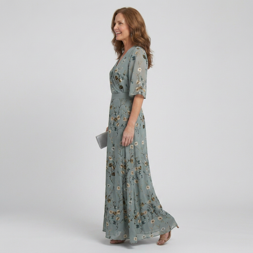 Elegant women's halter floral flowy maxi dress in sage green, ideal for summer outfits & vacation.