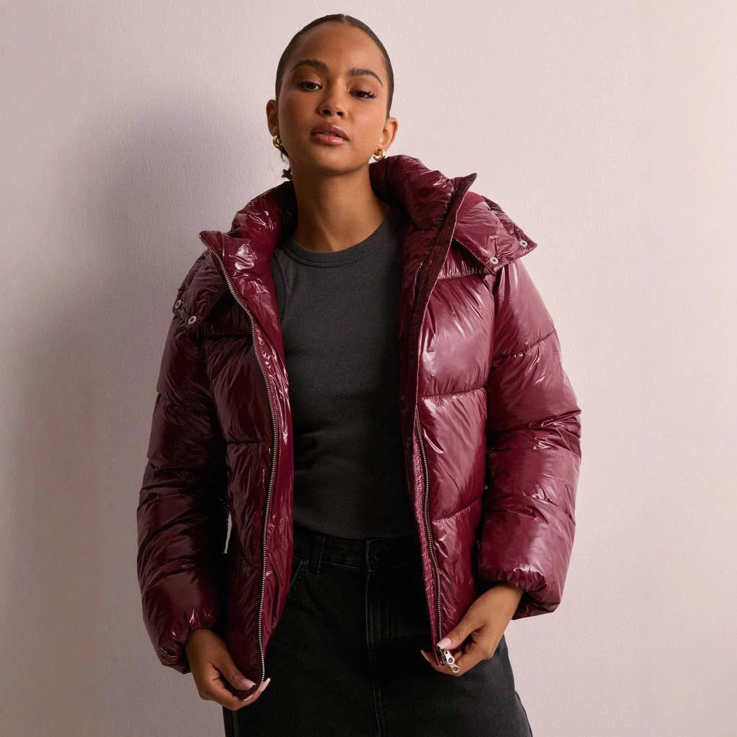 Warm, lightweight women's shiny quilted jacket. Perfect fall & winter coat with a practical removable hood.