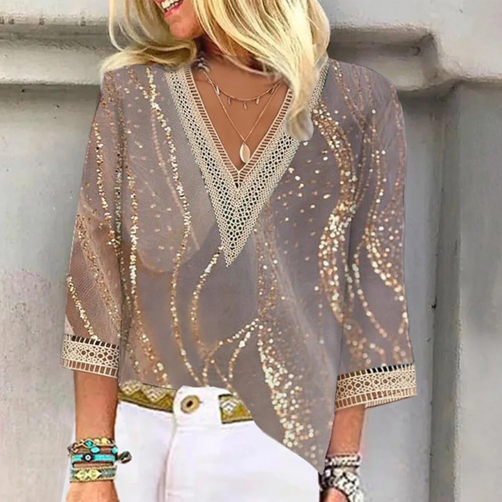 Women's shiny V-neck long sleeve blouse, elegant & stylish for casual chic fashion.