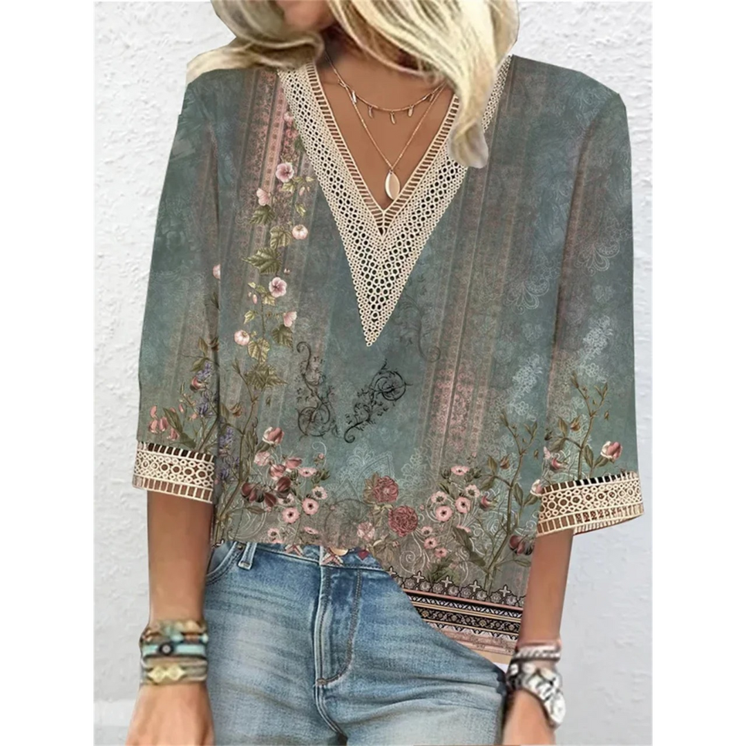 Elegant women's shiny V-neck blouse, a stylish long sleeve shimmer top for modern fashion.