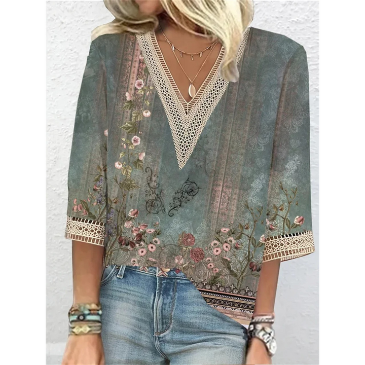 Elegant women's shiny V-neck blouse, a stylish long sleeve shimmer top for modern fashion.