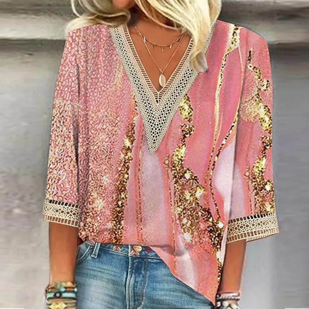 Women's V-neck long sleeve shiny blouse, a chic and versatile shimmer top for women's wear.