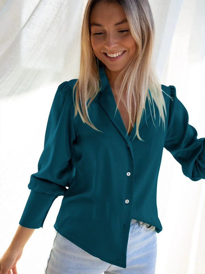 Comfortable women's relaxed fit silky button blouse. Versatile long sleeve top for everyday fashion & workwear.