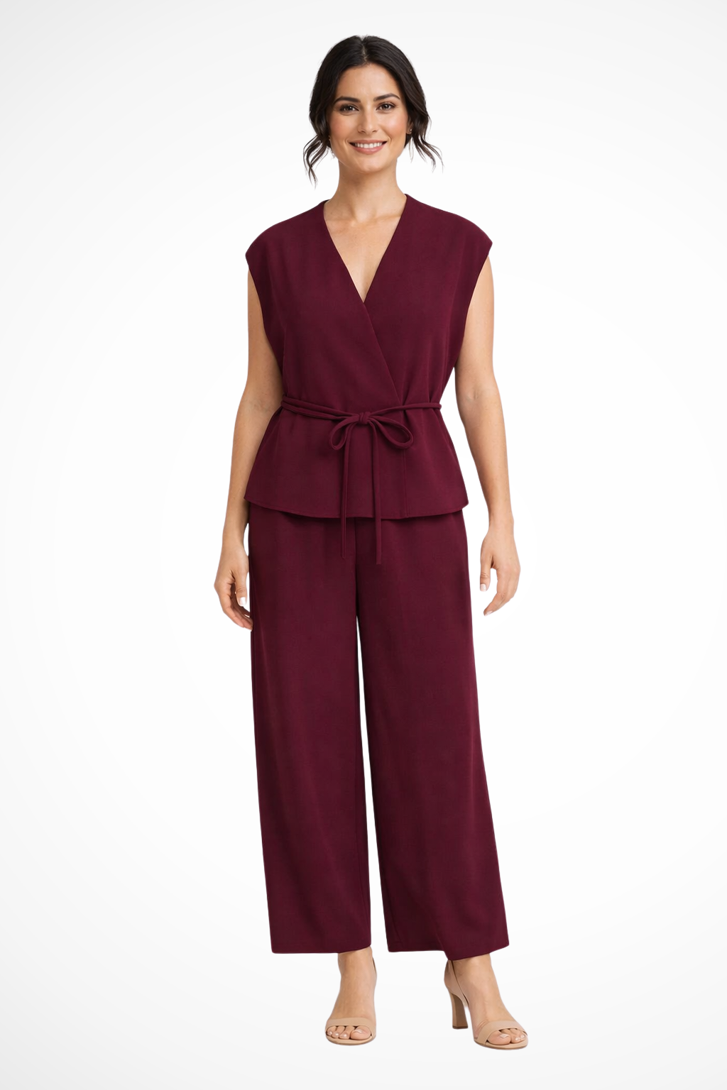 Women's sleeveless belted wrap top & high waist wide leg trousers suit set. Elegant two-piece outfit.