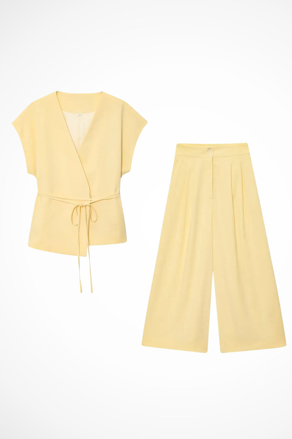 Smart casual women's suit set. Sleeveless belted wrap top & high-waist wide leg trousers for effortless style.