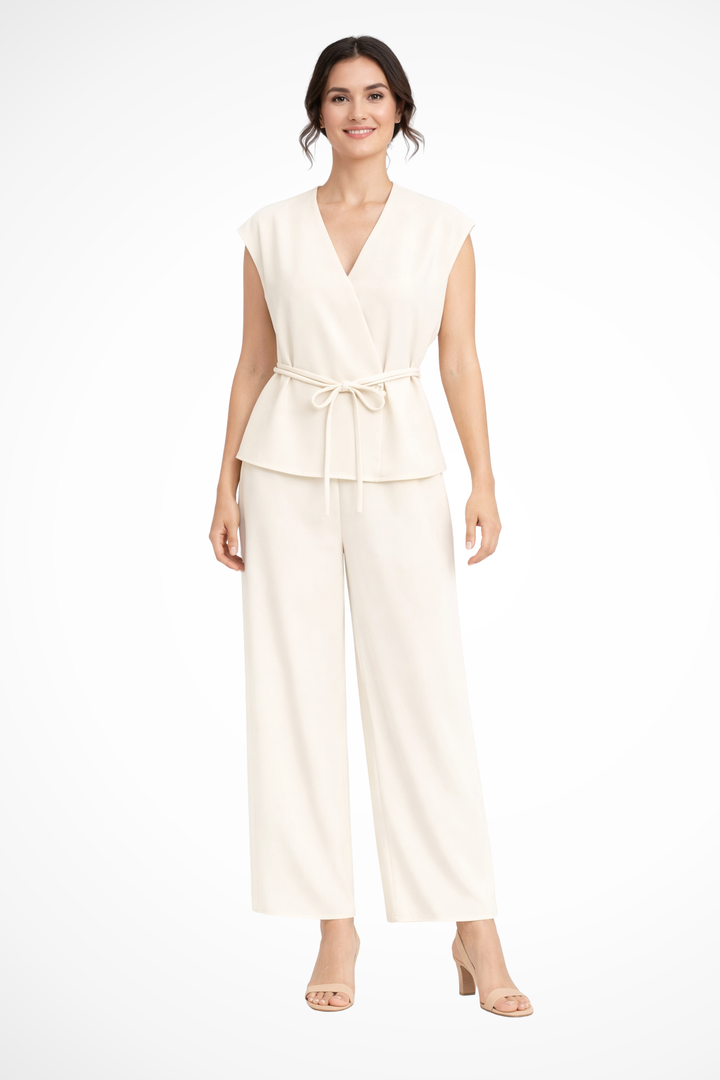 Occasion wear women's suit set. Elegant sleeveless wrap top and stylish wide leg trousers.