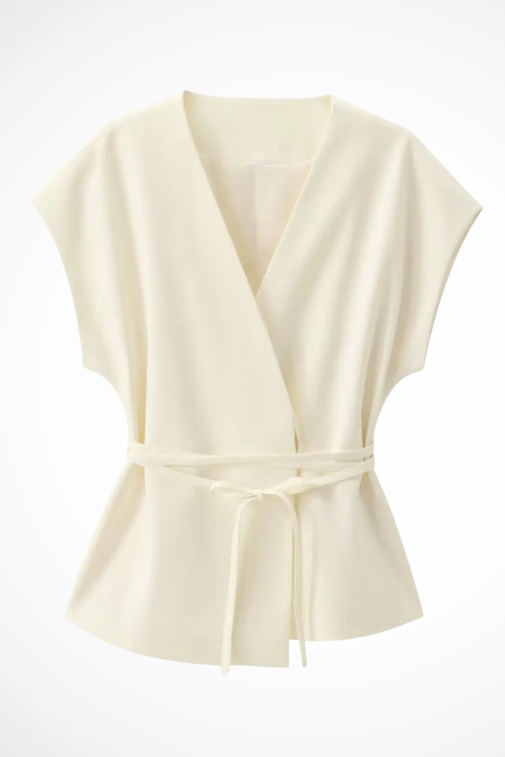 Women's coordinated two-piece outfit: sleeveless wrap top, adjustable belt, & fashionable wide leg trousers.