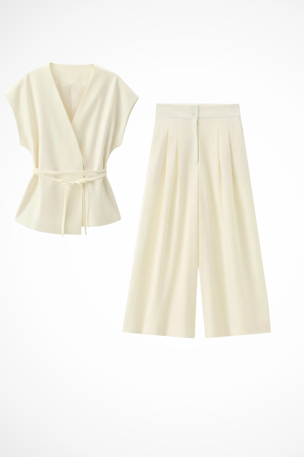 Women's belted sleeveless top & high-waist wide leg trousers make a sophisticated two-piece suit.