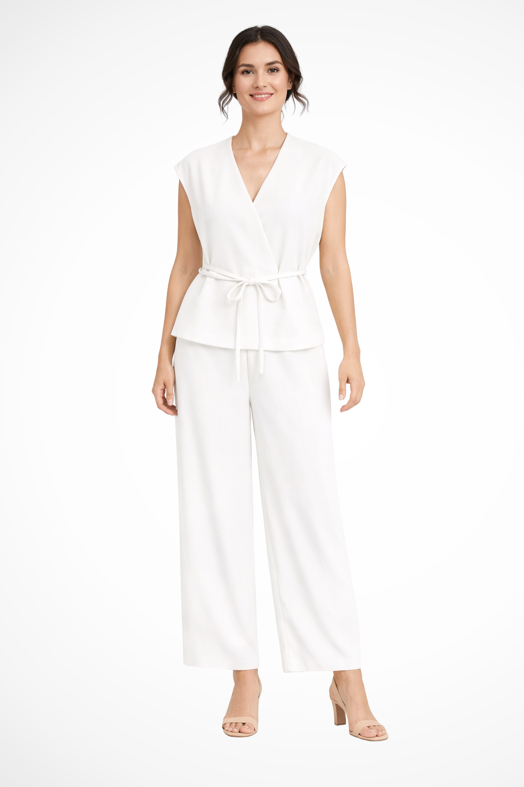 Everyday elegant women's suit set. Sleeveless wrap top with belt & flowing wide leg trousers.
