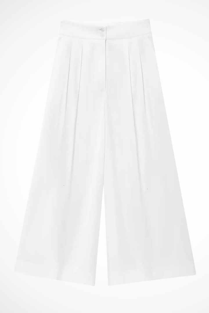 Sophisticated women's two-piece set: v-neck sleeveless wrap top & high-waisted wide leg trousers.