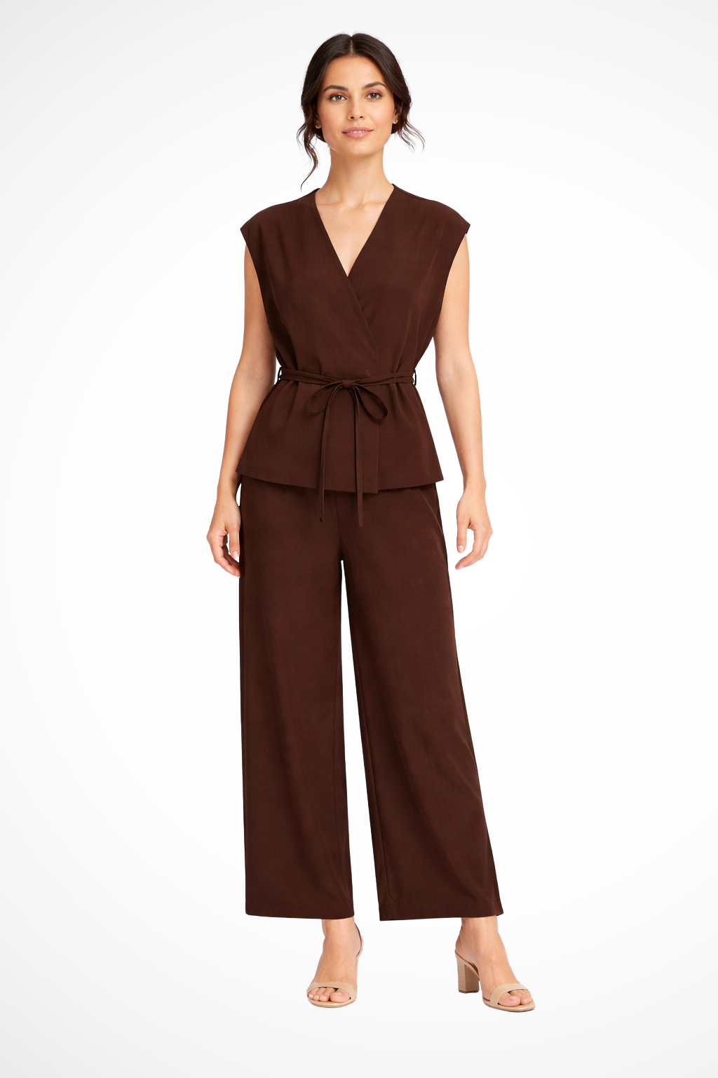 Modern women's suit set: sleeveless v-neck wrap top & stylish wide leg trousers. Perfect for a polished look.
