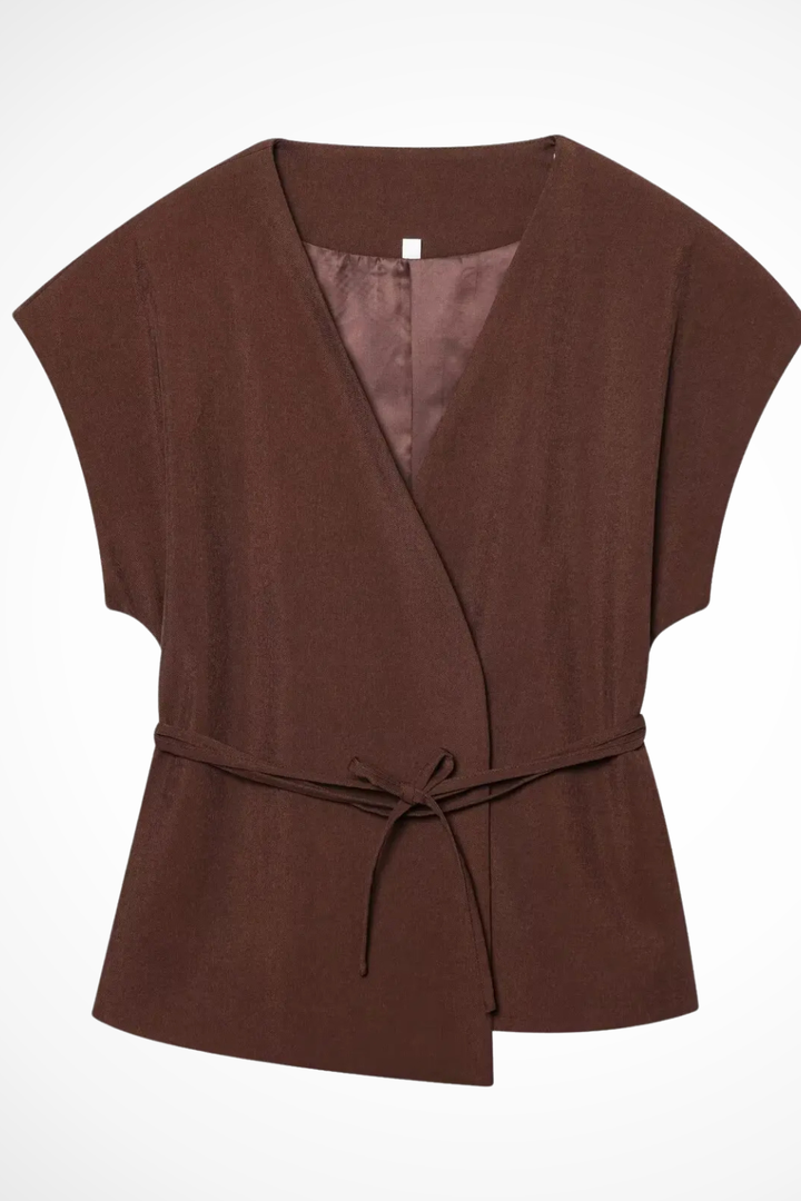 Women's casual-chic suit set with a comfortable sleeveless wrap top and flowing wide leg trousers.