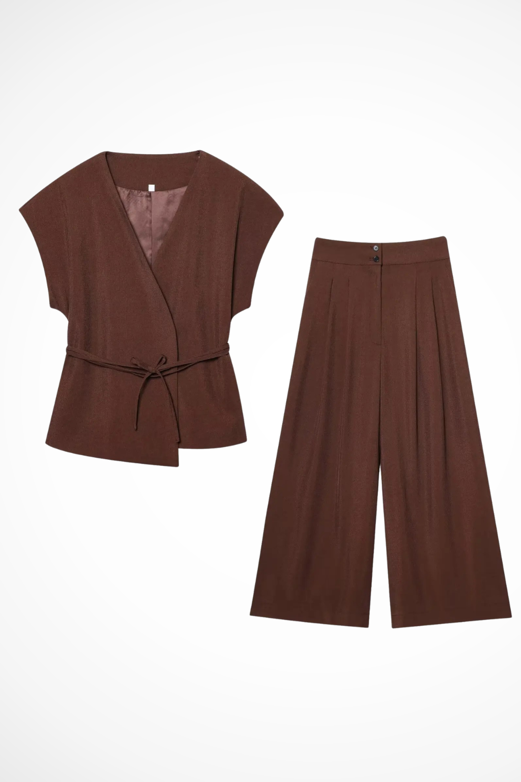 Fashionable women's sleeveless suit set. Versatile wrap top and comfortable wide leg trousers for any day.