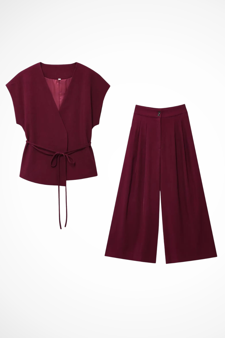 Casual yet chic women's suit set: sleeveless wrap top with belt & high-waist wide leg trousers.