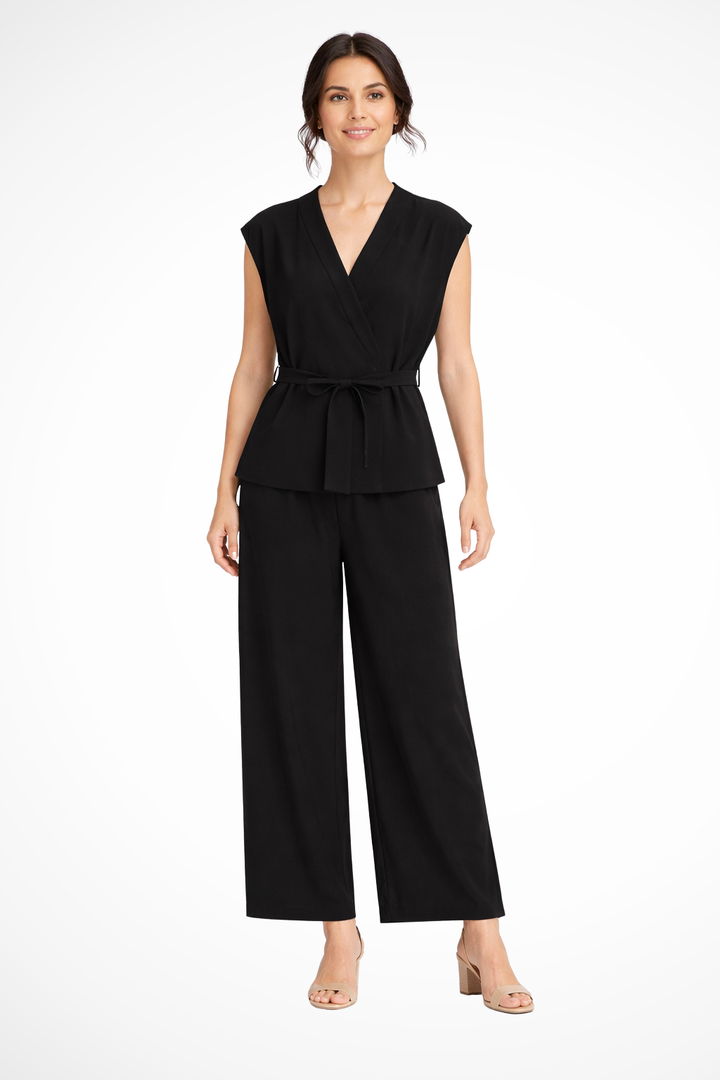 Elegant women's sleeveless wrap top and wide leg trousers suit set. Perfect for occasion wear.