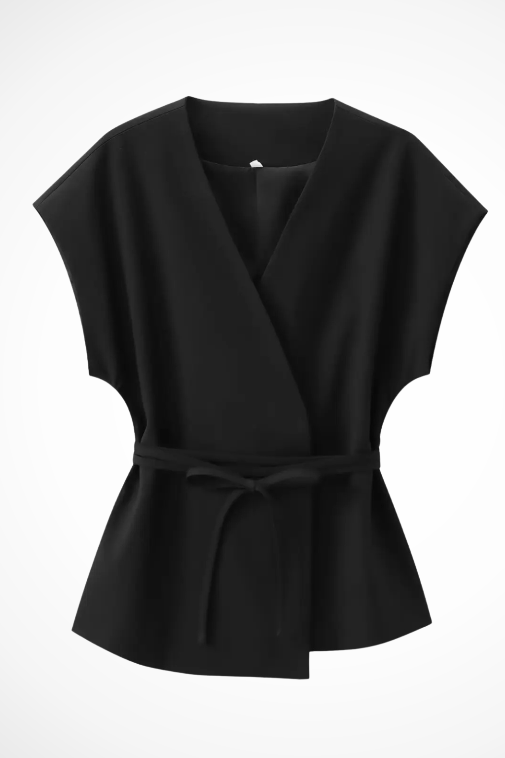 Fashionable women's two-piece suit featuring a belted sleeveless v-neck wrap top & wide leg pants.