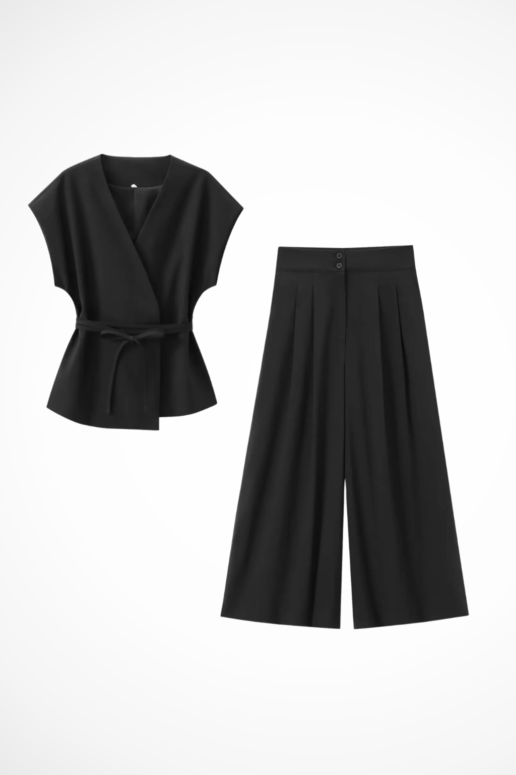 Women's elegant suit set for special occasions, including a sleeveless wrap top & flowing wide leg trousers.