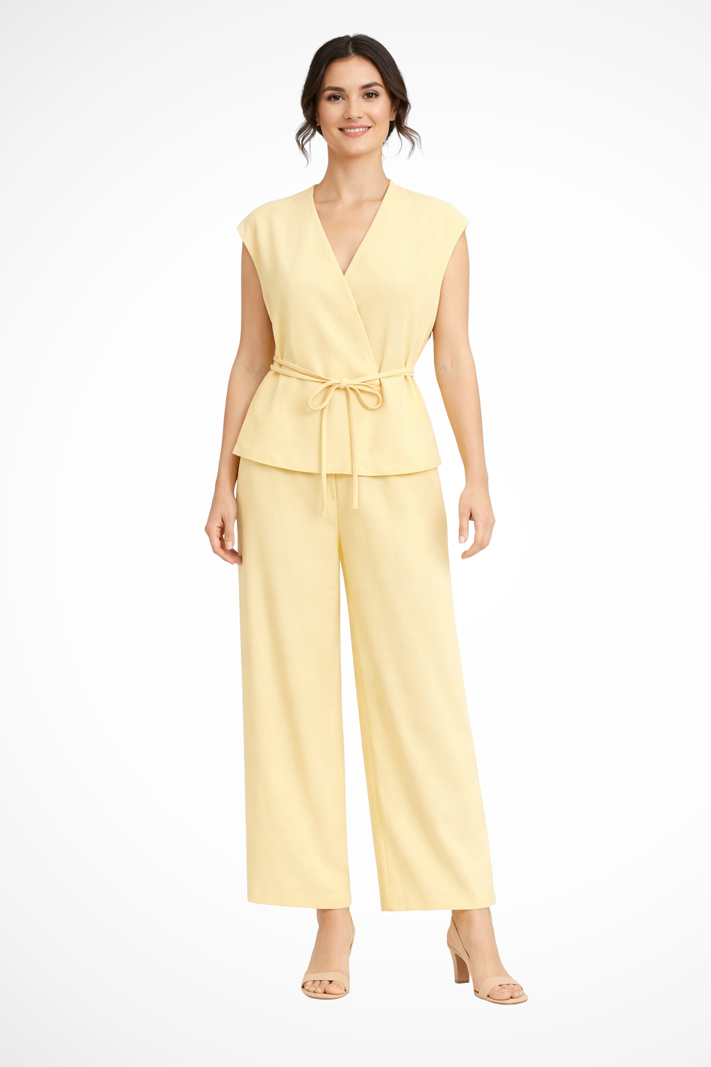 High-waist wide leg trousers & sleeveless belted wrap top form this chic women's two-piece suit set.