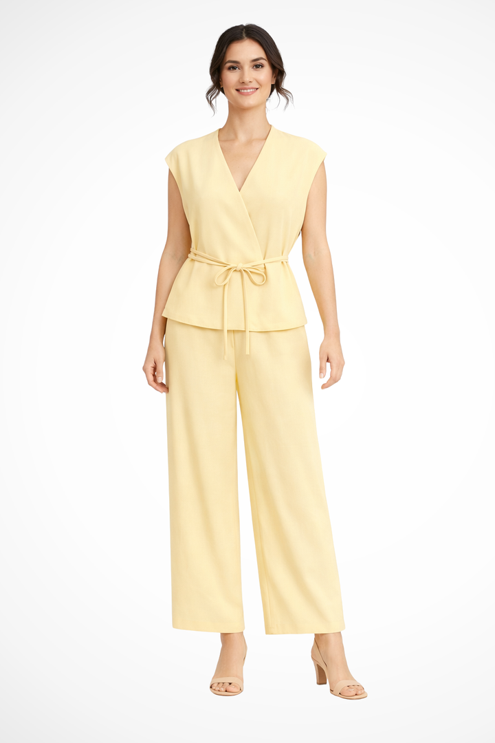 High-waist wide leg trousers & sleeveless belted wrap top form this chic women's two-piece suit set.