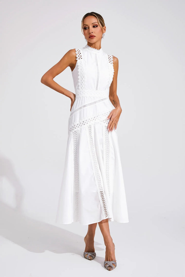 Comfortable and elegant women's sleeveless midi dress. The perfect formal or cocktail dress for a wedding guest.