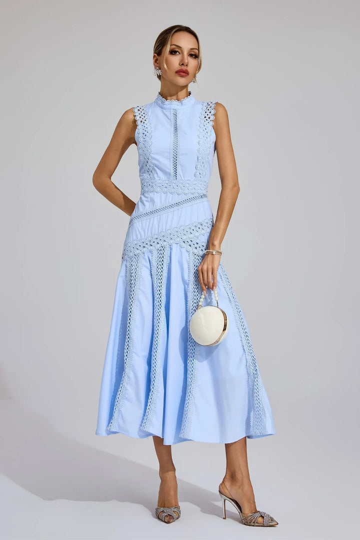 Versatile sleeveless midi dress for women, excellent as a wedding guest outfit, party dress, or elegant summer wear.