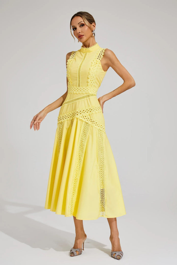 Chic sleeveless midi dress for women, ideal for summer weddings, cocktail parties, or formal events. Modern elegance.
