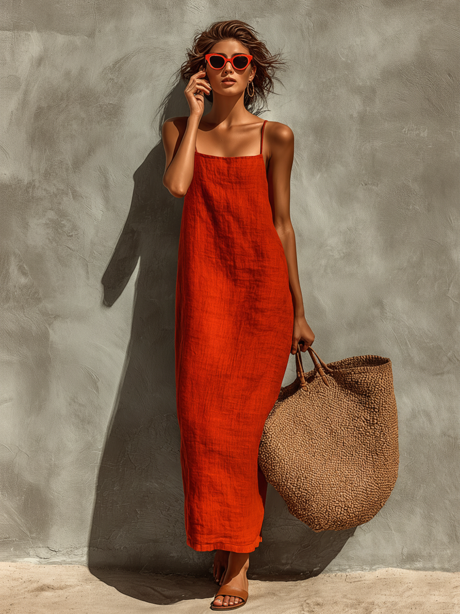 Stylish women's flowy maxi dress with square neck & spaghetti straps, great for casual summer outings.