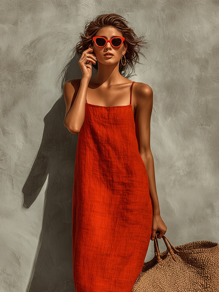 Comfortable women's sleeveless maxi dress, square neck & spaghetti straps, versatile for everyday wear.