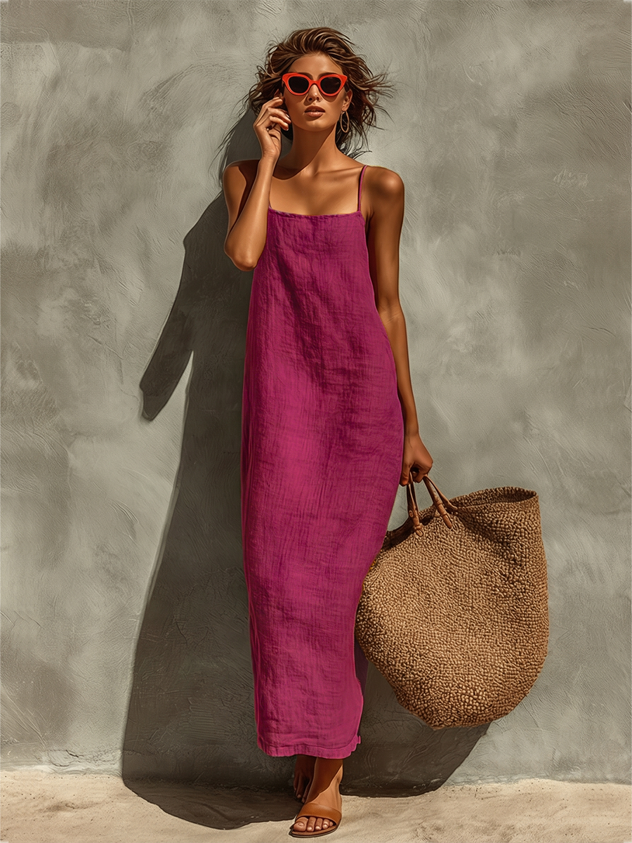 Back view of women's sleeveless square neck spaghetti strap maxi dress. Flowy & stylish summer wear.