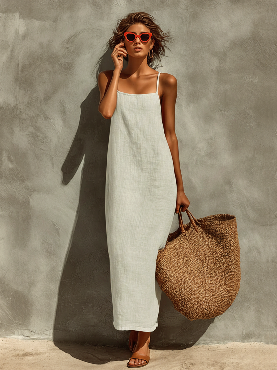Casual women's maxi dress with square neck and spaghetti straps. Perfect everyday summer outfit.
