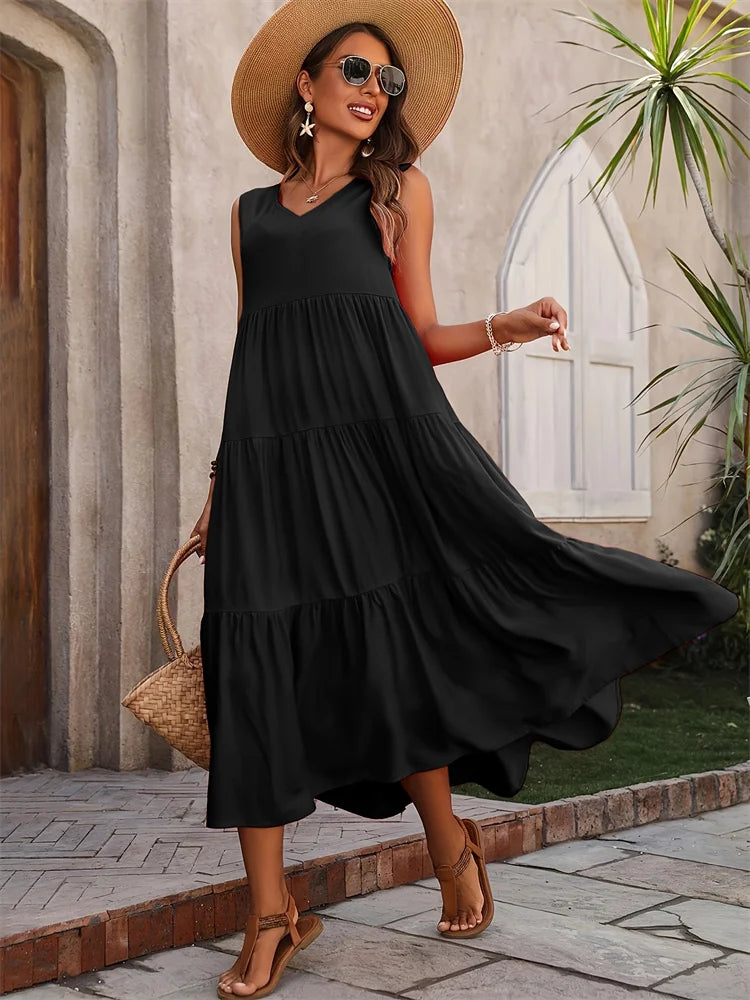 Beautifully tiered women's sleeveless maxi summer dress, offering a flowing and comfortable fit.