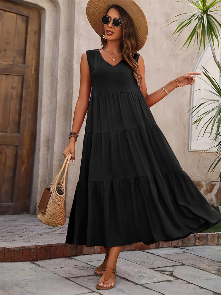 Elegant women's sleeveless tiered maxi summer dress, a V-neck design for casual and vacation style.