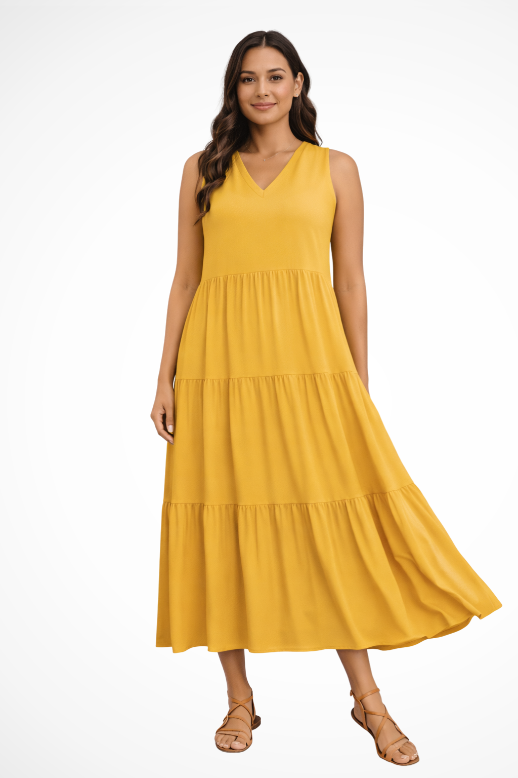 Flowing women's sleeveless V-neck tiered maxi dress, ideal for summer, beach days, or casual outings.