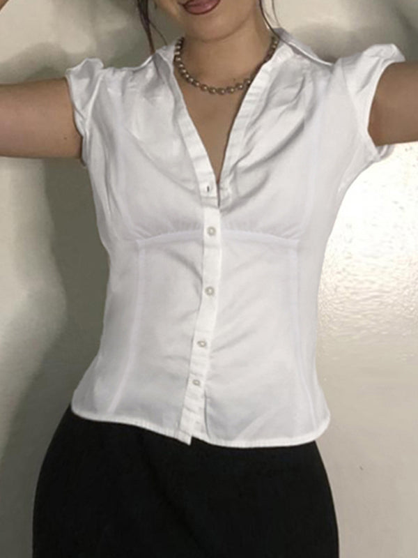 Tailored women's vintage V-neck short sleeve shirt with a flattering slim waist, classic white fashion.