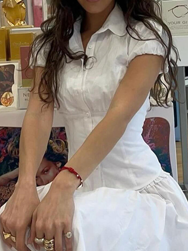 White vintage-style women's V-neck short sleeve top, slim waist for a tailored, elegant look.