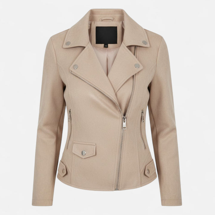 Women's slim lapel zip jacket with pockets, elegant & versatile for spring & autumn.