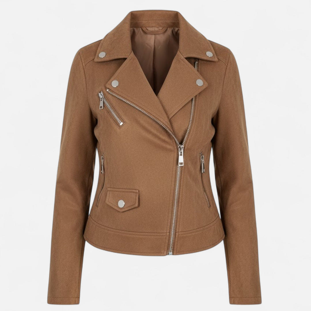 Lightweight women's slim fit zip jacket, lapel collar, ideal for spring layering, includes pockets.