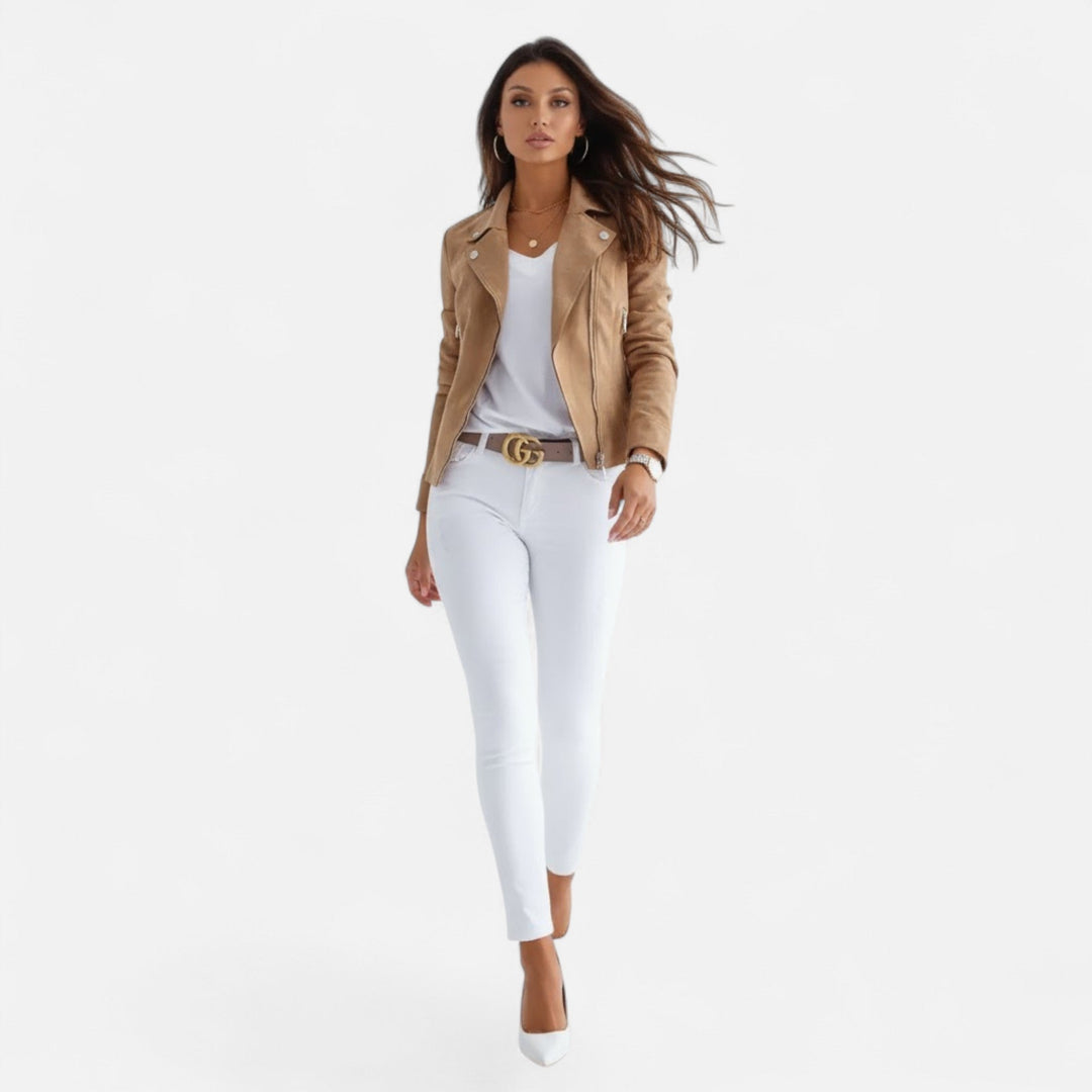 Modern women's slim lapel zip jacket, a stylish piece of outerwear with practical pockets & zip.