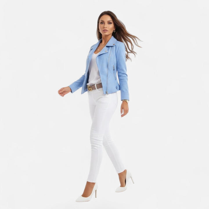 Women's zip jacket featuring a slim lapel and front pockets, a chic & practical outerwear choice.