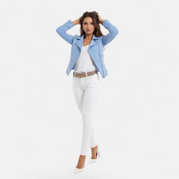 Chic women's autumn slim lapel zip jacket, ideal for layering, with convenient front pockets.