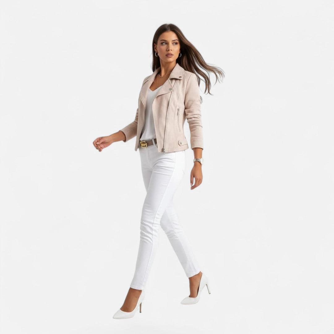 Stylish women's spring/autumn slim fit zip jacket with classic lapel and practical pockets.