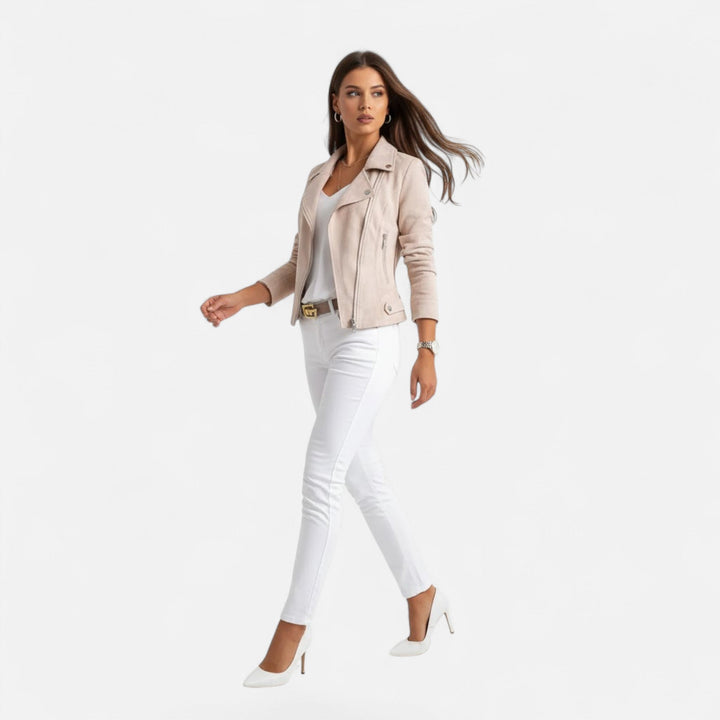 Stylish women's spring/autumn slim fit zip jacket with classic lapel and practical pockets.