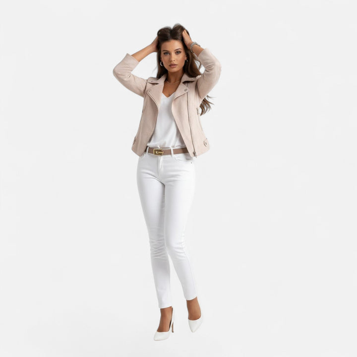 Elegant women's business casual cropped jacket with a slim lapel, zipper, and convenient pockets.