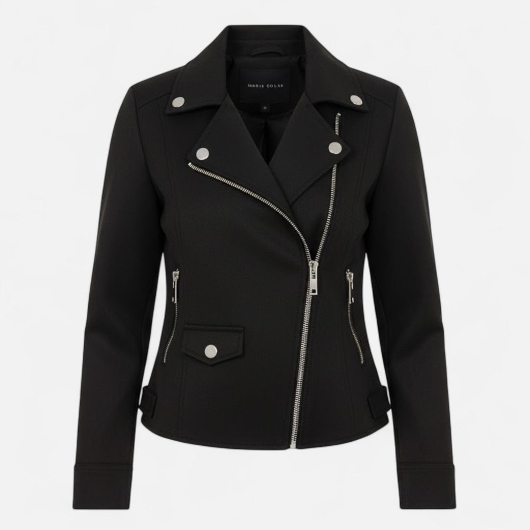 Slim fit women's zip jacket with chic lapel, perfect for stylish layering. Features functional pockets.