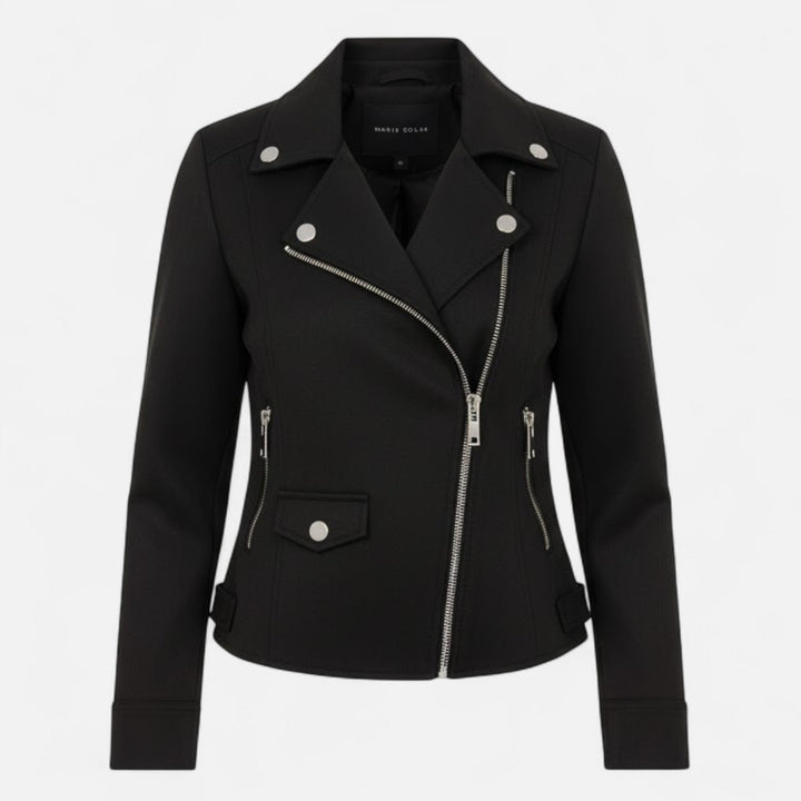 Slim fit women's zip jacket with chic lapel, perfect for stylish layering. Features functional pockets.