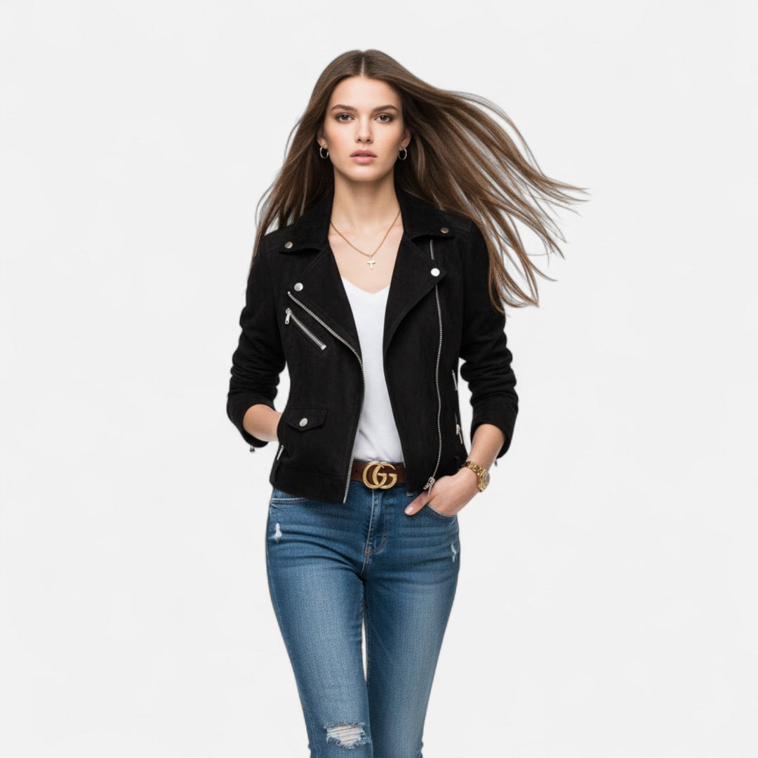Women's zip-front jacket, slim cut, classic lapel detail, convenient pockets, versatile outerwear.